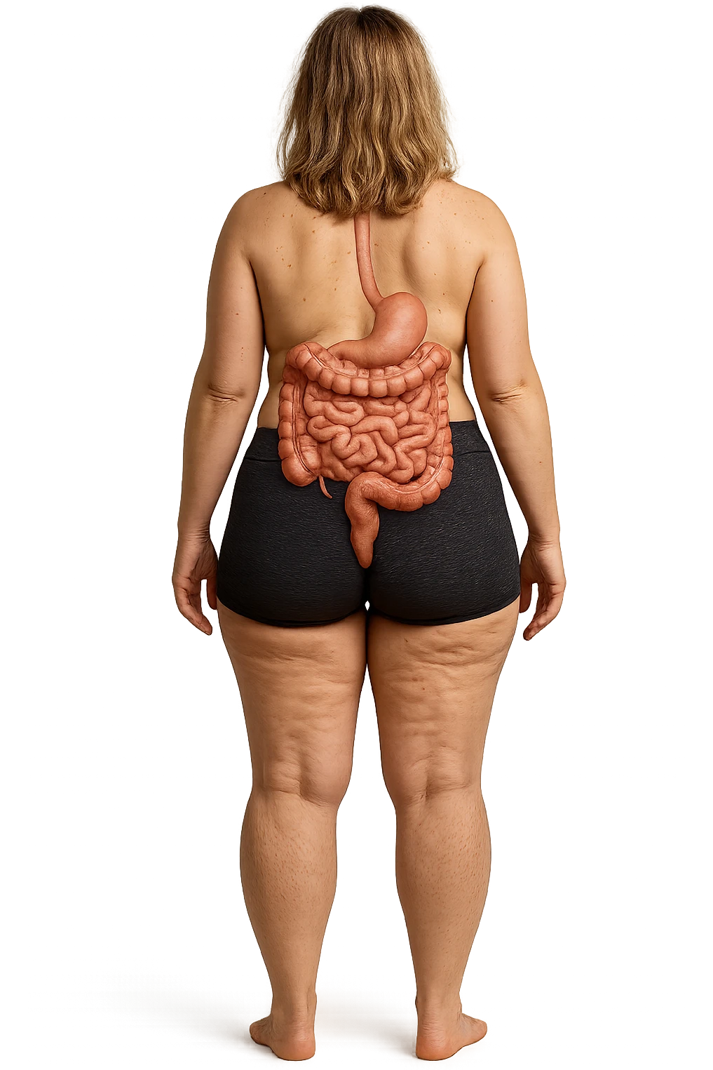 una donna di spalle a figura intera in gym shorts con cellulite e intestino umano anatomico, iperrealistica 4k
 emoji