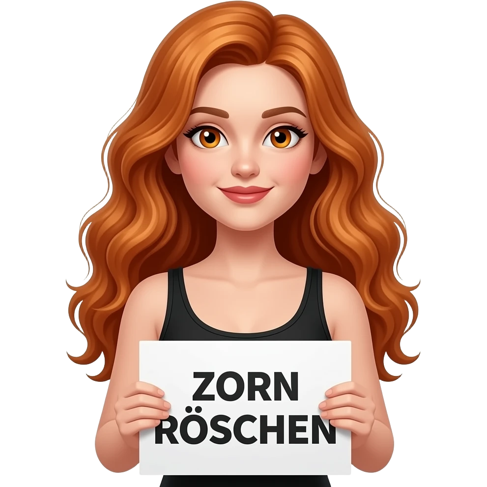 sexy girl with long wavy ginger hair and ginger eyes wearing a black tanktop is holding a white colored sign with ZORN RÖSCHEN written on it emoji