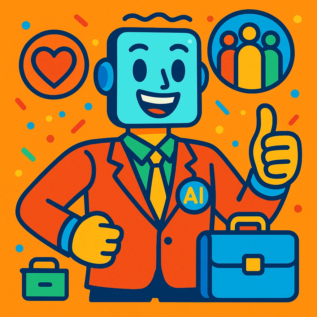 lächelnder humanoider KI-Mann mit HR-Symbolen wie Aktenmappe, Herz, Team, der Zuversicht und Unterstützung ausstrahlt, cartoonhafter, farbenfroher Stil für KI Mutmacher HR emoji