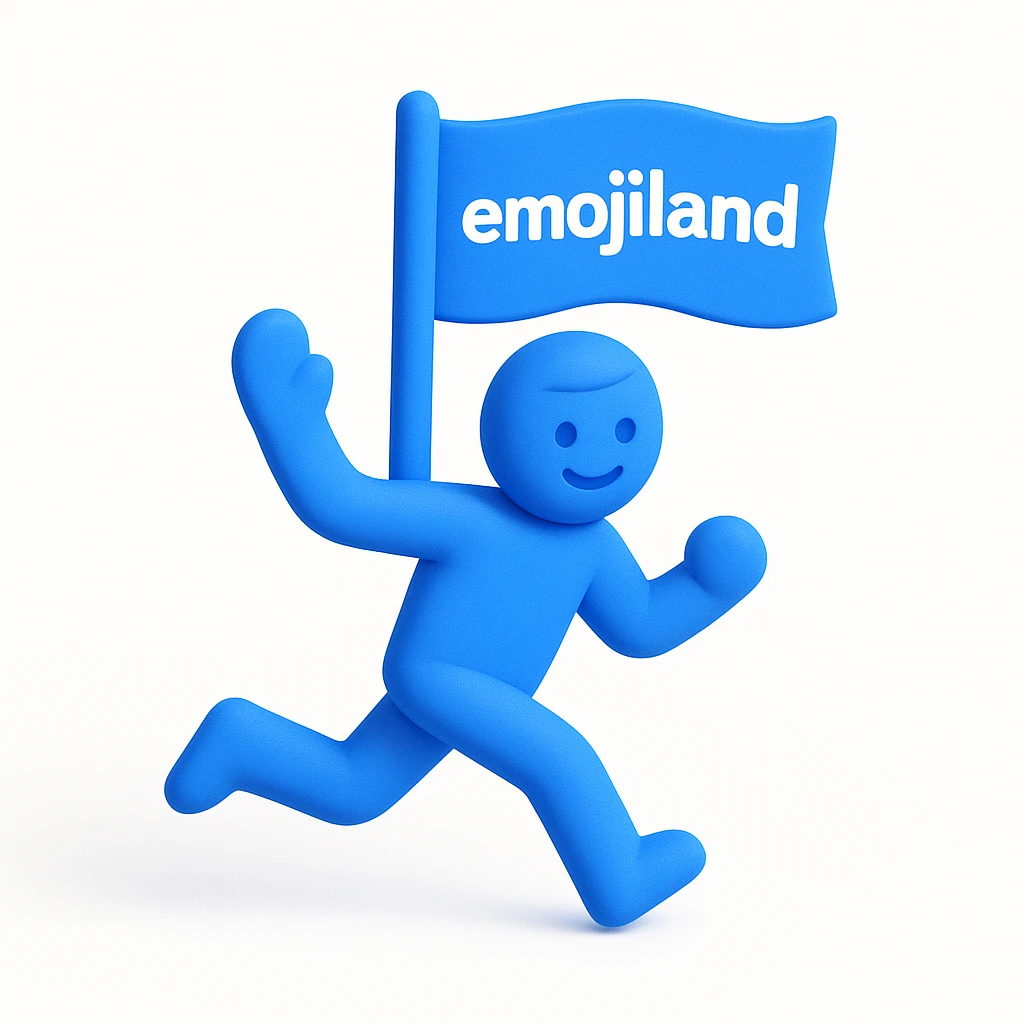 happy runner waving a flag that says 'emojiland' emoji