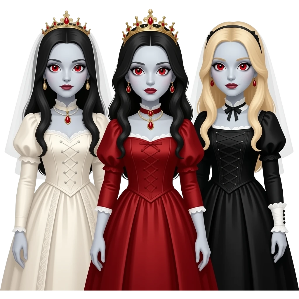 Brides of Dracula with 2 long dark-haired girls with pale grey skin, red eyes, one ivory queen anne dress, one red queen anne dress, long blond-haired girl with pale grey skin, red eyes black queen anne dress emoji