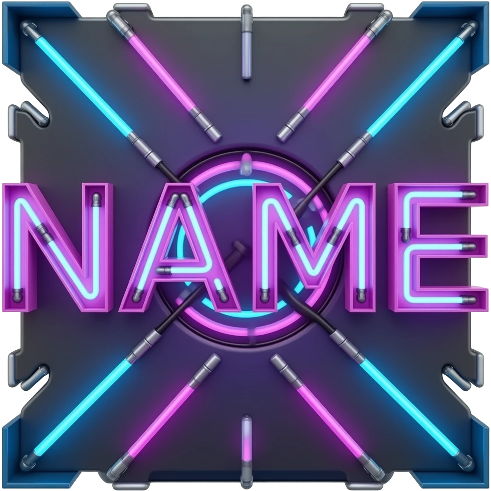 The word 'NAME' in futuristic block letters, glowing magenta and cyan neon tubes. Dark background with light trails, hyper-detailed, synthwave style emoji