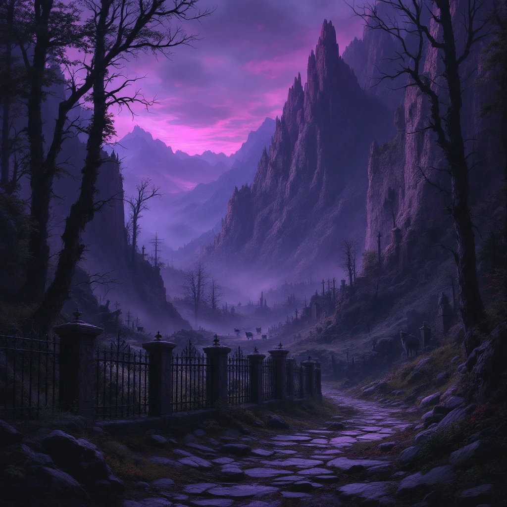 a fantasy dark forest, mountainous jagged terrain, haunted, graveyard, iron fences and stonework, trees, wolves in the distance, thick woods, deep dark purple myst emoji