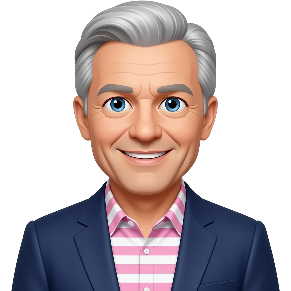 DJR - man, age 70, grey hair, blue eyes, pink and white striped shirt, dark blue blazer, friendly smile emoji