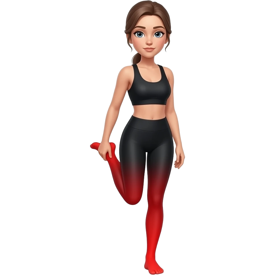 leg pain, full red glow covering both legs from hips to feet, woman holding one leg, fair-skinned woman, gray-blue eyes, ash brown brows, ash light brown hair tied back, slim athletic body, black workout set emoji