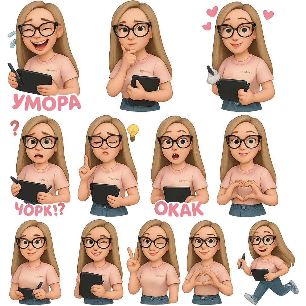 «Создай набор из 12 наклеек в стиле 3D cartoon  женского персонажа (30 лет выглядит моложе)  с прямыми светло русыми волосами ниже лопаток, светлой кожей, большими выразительными голубыми глазами, черные очки для зрения формы кошачий глаз, нос чуть с горбинкой.
Персонаж должен носить пастельную розово-бежевую тай дай футболку с вышивкой @ByUnicorn, голубые джинсы фасона мом, персонаж должен иметь разные выражения: смех до слез и подпись внизу пастельно-розовым текстом УМОРА, задумчивость, влюбленность (с сердцами вокруг головы), злость с паром из носа и подписью внизу пастельно розовым текстом ТИЛЬТ, растерянность (со знаком вопроса) и подпись пастельно-розовым текстом ЧОРИЛ?, наличие идеи (с зажженной лампочкой), плач со слезами из глаз, удивление с открытым ртом и подписью пастельно розовым текстом ОКАК, улыбка и  подмигивание, знак мира рукой, создание сердца руками, бегство со всех ног. Размер картинки не ограниченный, чтобы все наклейки вместились без обрезки. Стиль мультяшный  DreamWorks, мягкий свет, прозрачный фон, и добавь персонажу в руки графический планшет следи чтобы выглядело органично, красиво, не нарушая законы природы и физики, можешь добавить в другую руку перо от графического планшета, если это будет позволять смысл стикера» emoji
