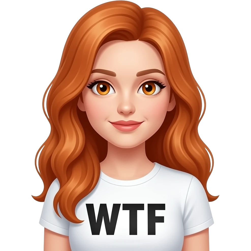 sexy girl with overlong ginger hair and ginger eyes a top with WTF written on it emoji