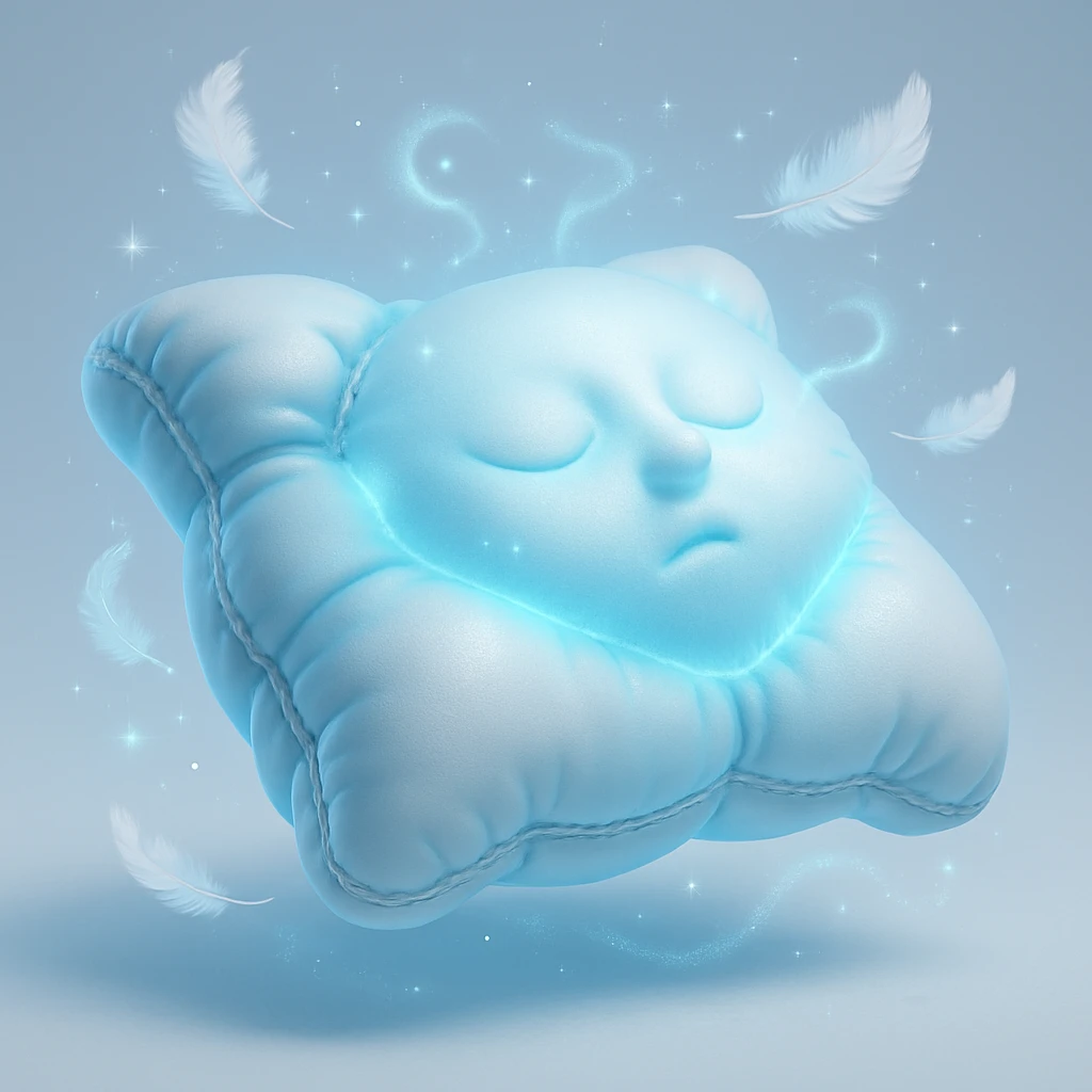 magical ethereal pillow glowing with icy blue and silver light, surrounded by floating feathers and sparkling mist, frosty aura and gentle energy waves cradling a sleeping head evoking enchanted pain-free sleep under stars emoji