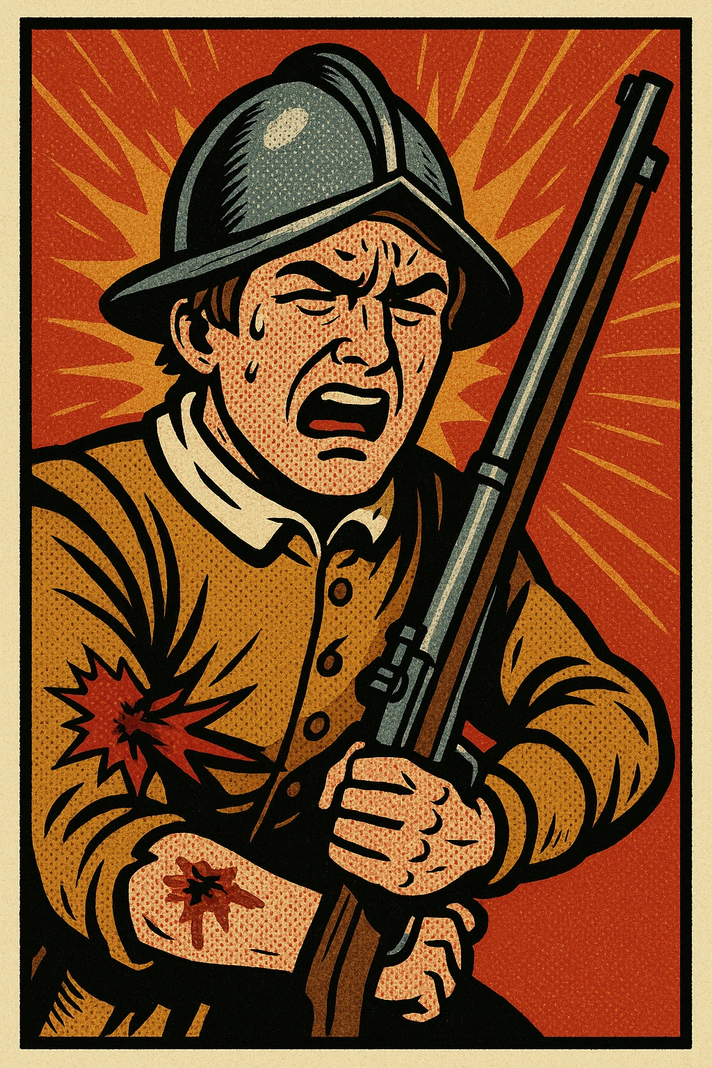 A young English soldier from the 1500s with a musket facing forward - face on. The soldier is in pain as he has a bad gunshot wound to his arm emoji