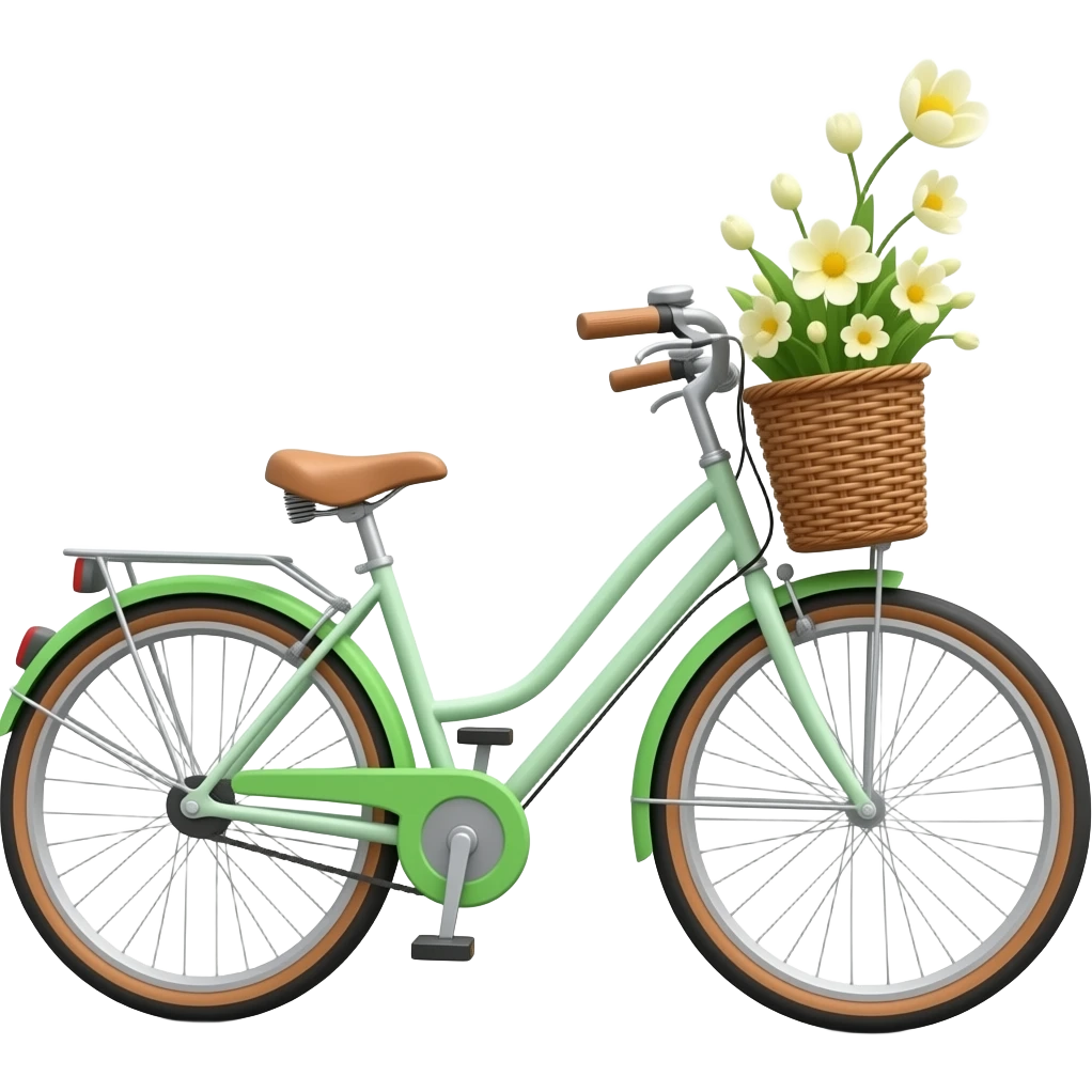 aesthetic spring bicycle emoji, white bike with green accents and basket, soft sunlight, pastel colors, fresh spring vibe, minimal design emoji
