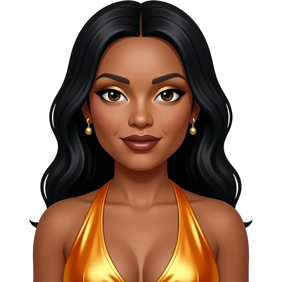 Rozonda Chilli Thomas from TLC with dark brown eyes, long black hair, gold eyeshadow, dark brown lipstick, yellow-orange metallic halter dress, earrings emoji