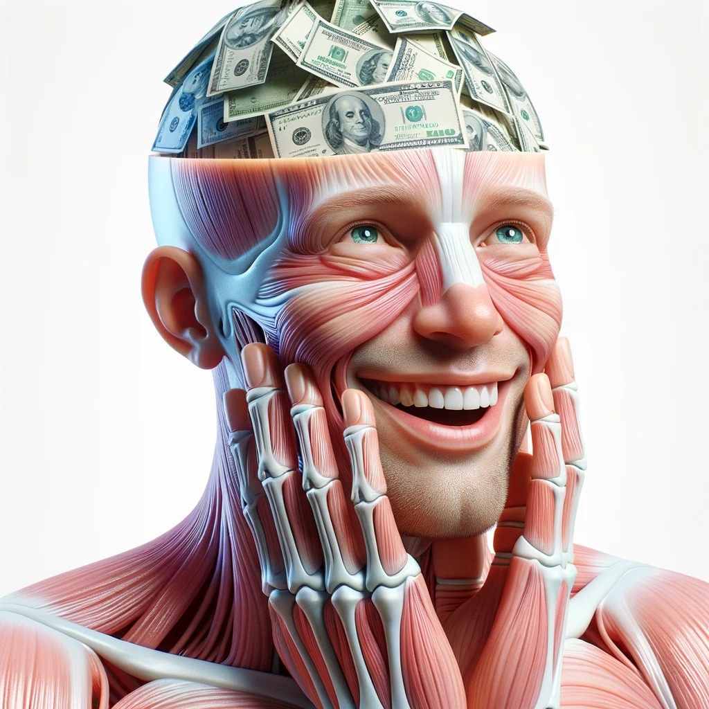 corpo umano anatomico sereno e felice con una montagna di banconote davanti al viso, espressione stupita, iperrealistica 4k, isolato su sfondo bianco emoji