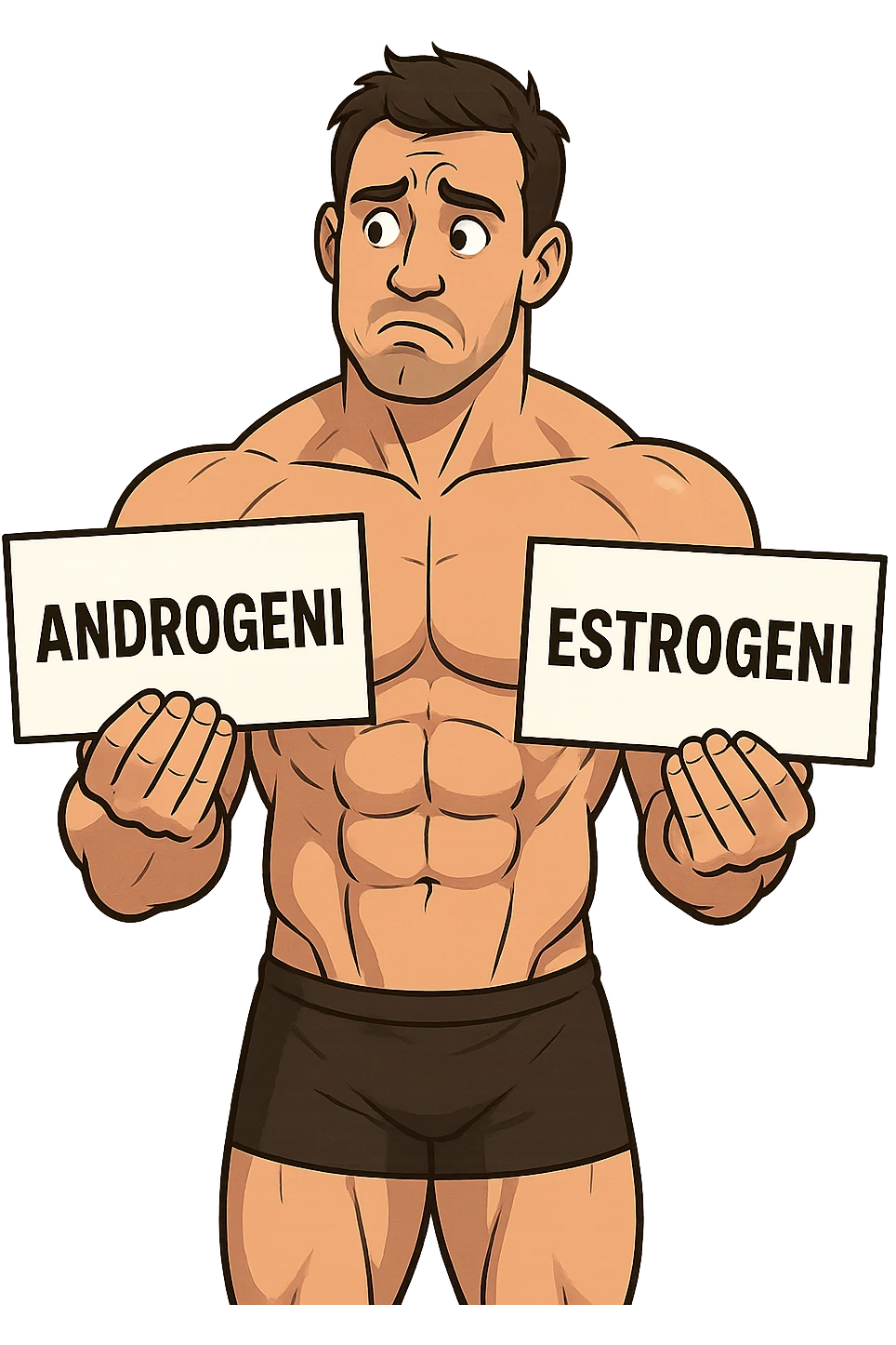 BODYBUILDER CHE TIENE LA SCRITTA "ANDROGENI" NELLA MANO DESTRA E LA SCRITTA "ESTROGENI" NELLA MANO SINISTRA, ESPRESSIONE DUBBIOSA IN VOLTO emoji