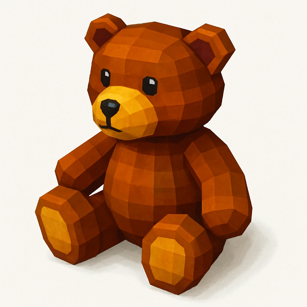 cute 3D teddy bear with shiny brown surface, sitting pose, rounded and minimal features, smooth glossy texture, soft highlights, isometric top-side angle, clean white background, friendly cartoon icon style emoji