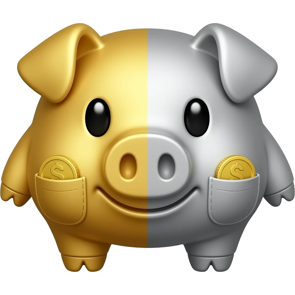 A pig reach with the hole for coins, do te middle of his body of gold and the other middle of silver, looked from the top emoji