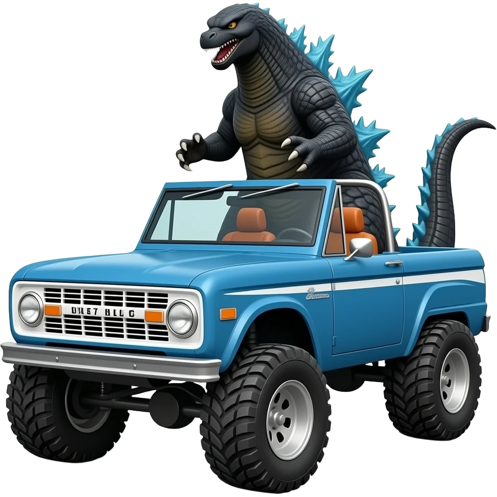 Godzilla behind 1967 ford bronco with two tone paint: blue on hood, blue with white stripe on sides, and orange interior. Convertible with no top but with full roll cage. Exaggerated lift and oversized 4x4 tires. emoji