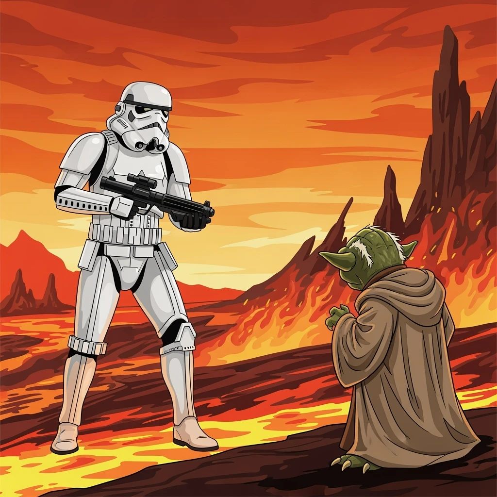 vector art of a Starwars stormtroopers is walking on lava planet with yoda, battleground background 
 emoji