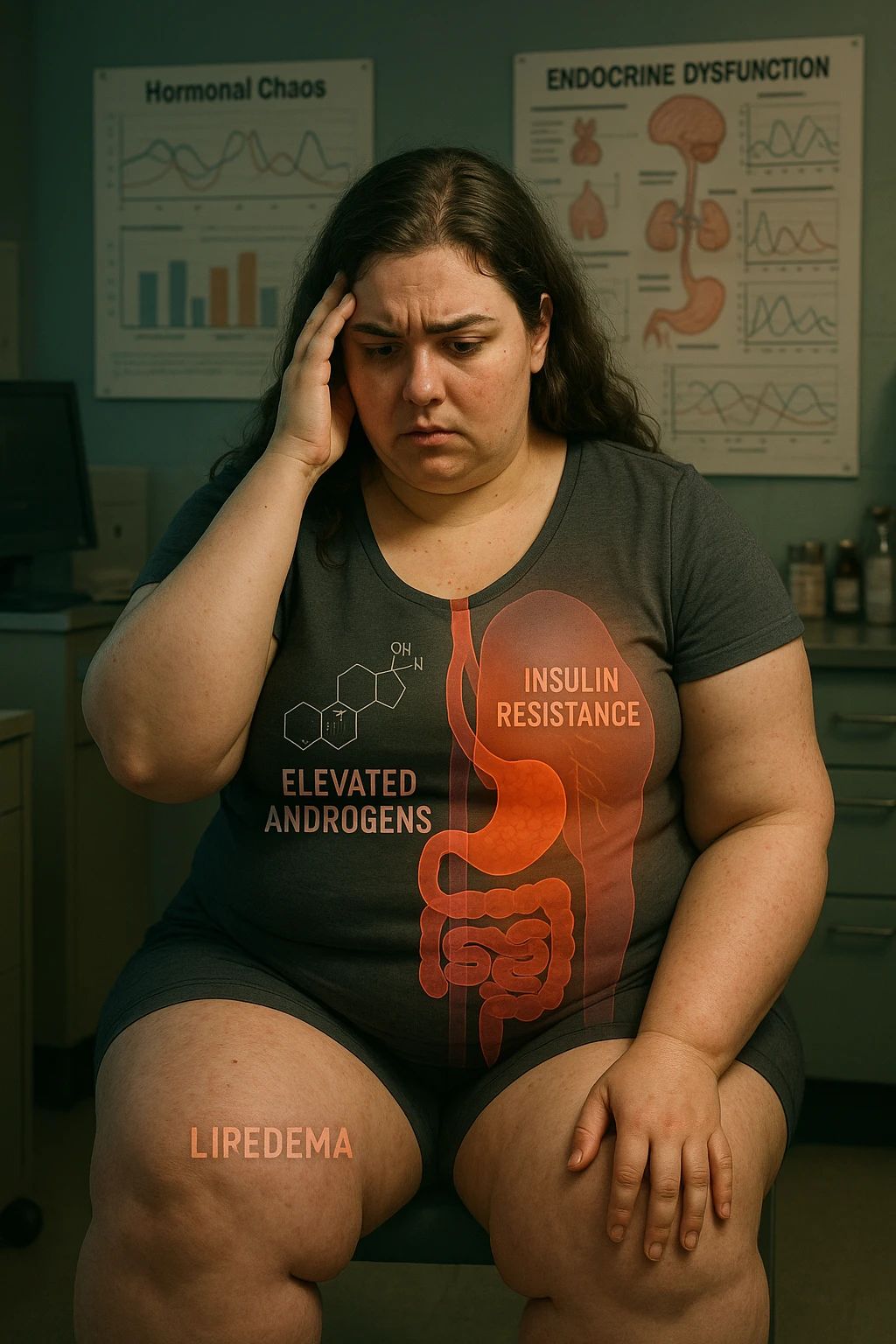cinematic realistic in italiano Woman with PCOS struggling with hormonal chaos, transparent overlay showing elevated androgens and insulin resistance affecting her body, lipedema causing disproportionate fat accumulation in legs and arms despite normal torso, expression of frustration with unexplained weight gain, medical charts showing complex endocrine dysfunction, painful swollen limbs contrasting with metabolic confusion emoji