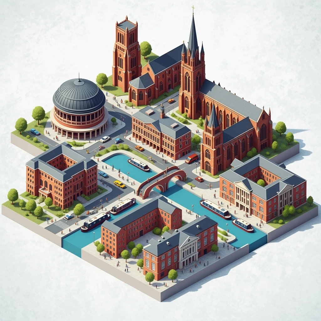 Isometric illustration of Birmingham, balanced between stylized and realistic, 3D miniature effect, transparent background. emoji