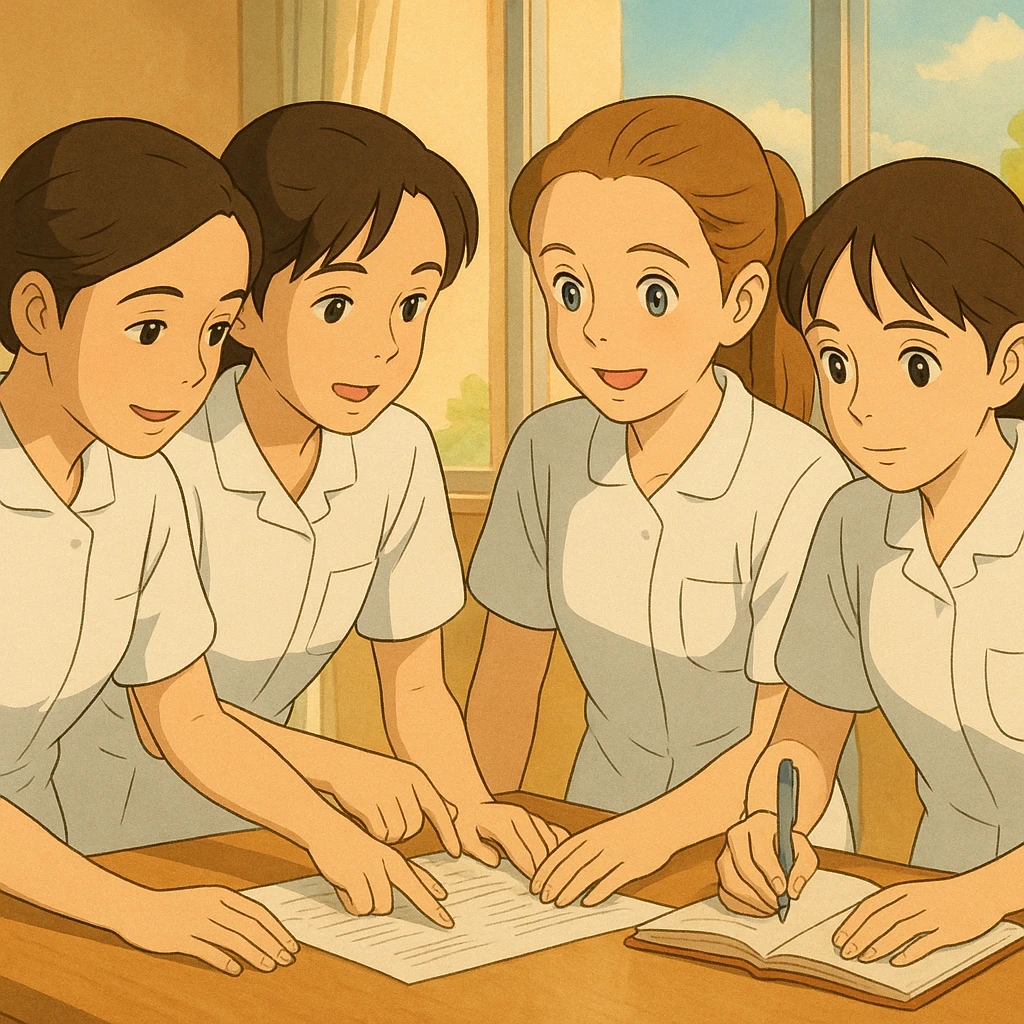 Four nursing students collaborating together, wearing white short-sleeve medical tunic-style uniforms with V-neck, no collar, no buttons, left chest pocket, bare forearms and arms, long hair tied back, inspired by the four provided reference faces, in Ghibli style. emoji