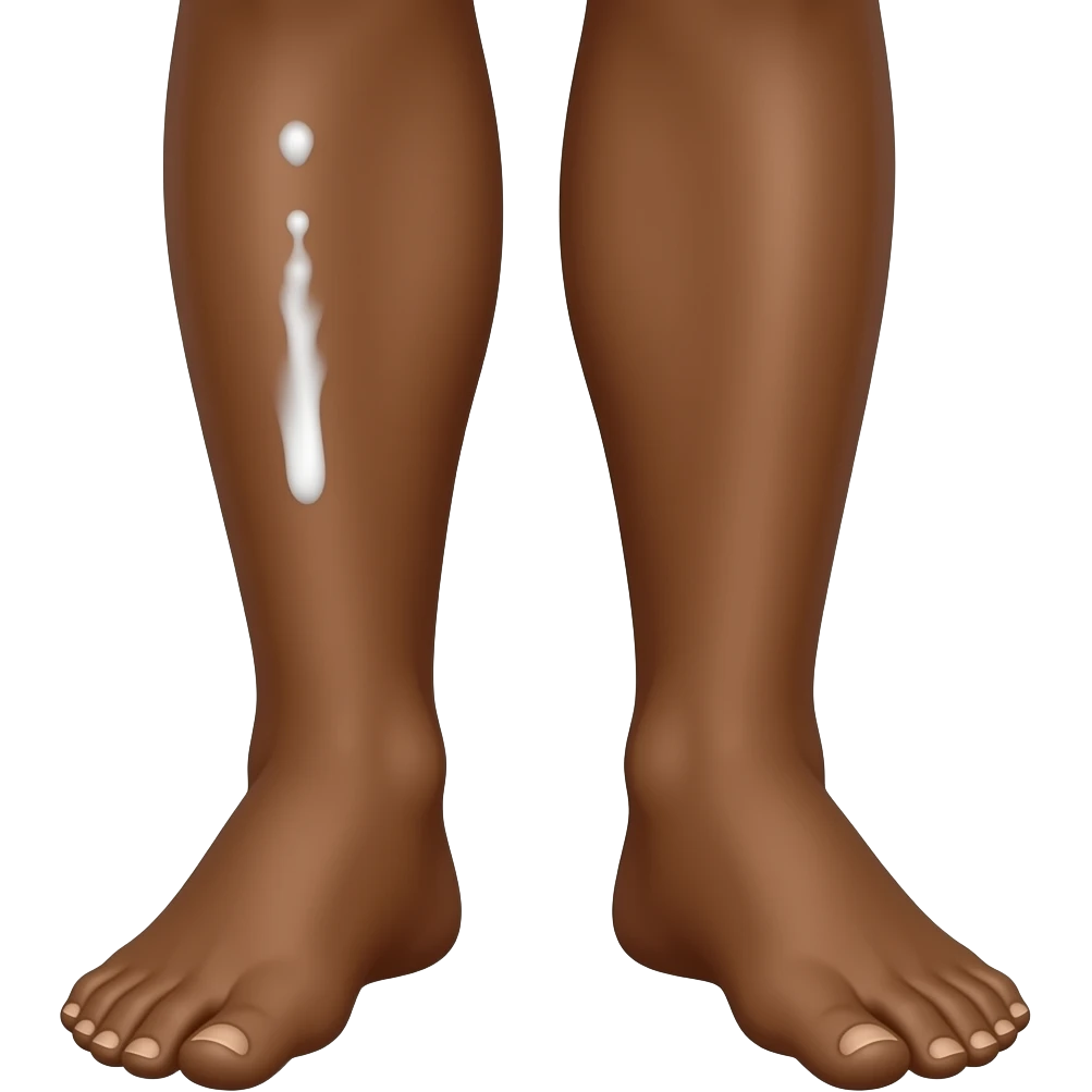 DARKBROWN pair of bare legs with a streak of white lotion applied to the front of one shin emoji
