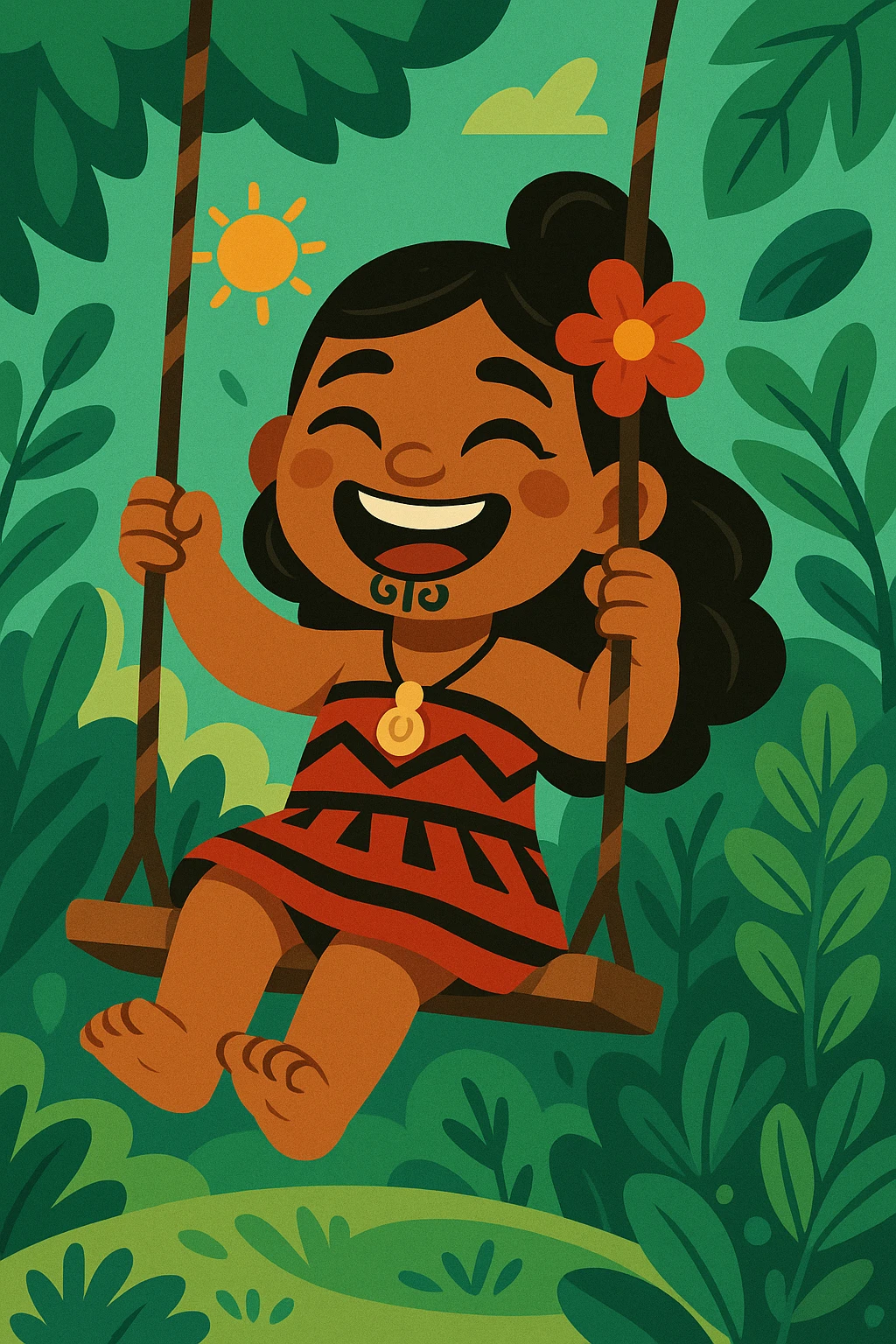 A cheerful Maori girl on a swing, traditional moko kauae (chin tattoo), surrounded by greenery, playful and lively illustration emoji