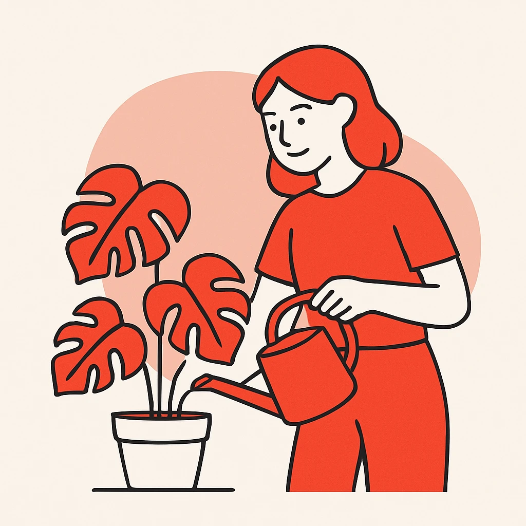 woman watering her monstera plant emoji