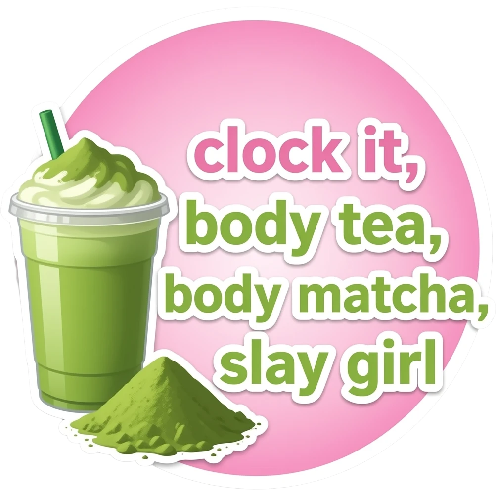 Create a cute emoji/sticker with a pink aesthetic background and matcha elements (matcha drink, green matcha powder). Write the words on the emoji: ‘clock it, body tea, body matcha, slay girl’. The style should be girly, cute, and trendy, using pink and matcha green colors emoji
