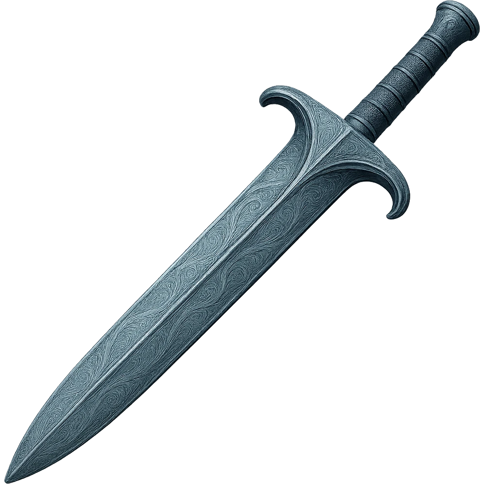 Recolor this weapon to match the blueish-gray steel color and ornate engravings of the reference helmet. Emphasize the cool metallic finish and detailed engravings, matching the helmet exactly. Transparent background. The style should reflect a cool metallic look with detailed engravings as seen in the helmet reference. emoji