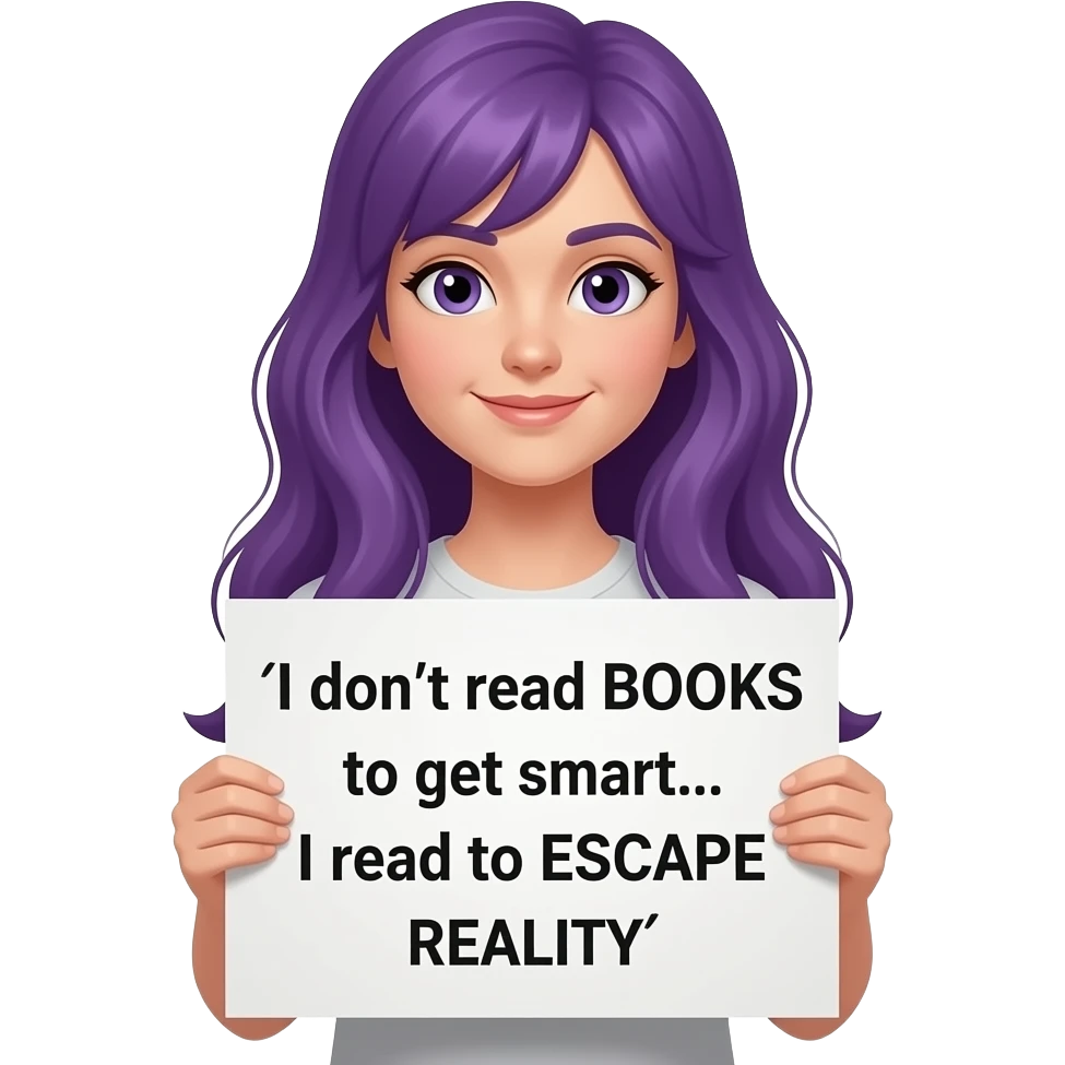 girl with long purple hair with a I don't read BOOKS to get smart... I read to ESCAPE REALITY sign emoji