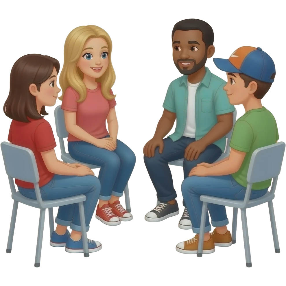 grupo de personas sentado en ronda hablando. que este integrado por una señora joven de 35 años vestida con pantalon y remera roja,comunicandose con una mama joven de pelo largo rubio y de tes morena, un papa morocho de tes no tan morena y un adolescente con gorra emoji