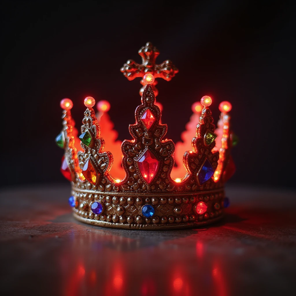 a realistic crown, glowing red, encrusted with colorful gems, dramatic lighting emoji