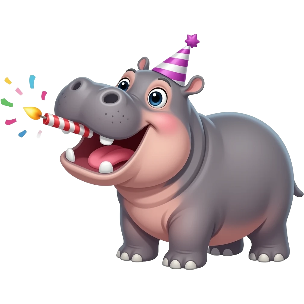hippo on birthday in birthday festivities celebrating blowing out candles excited emoji
