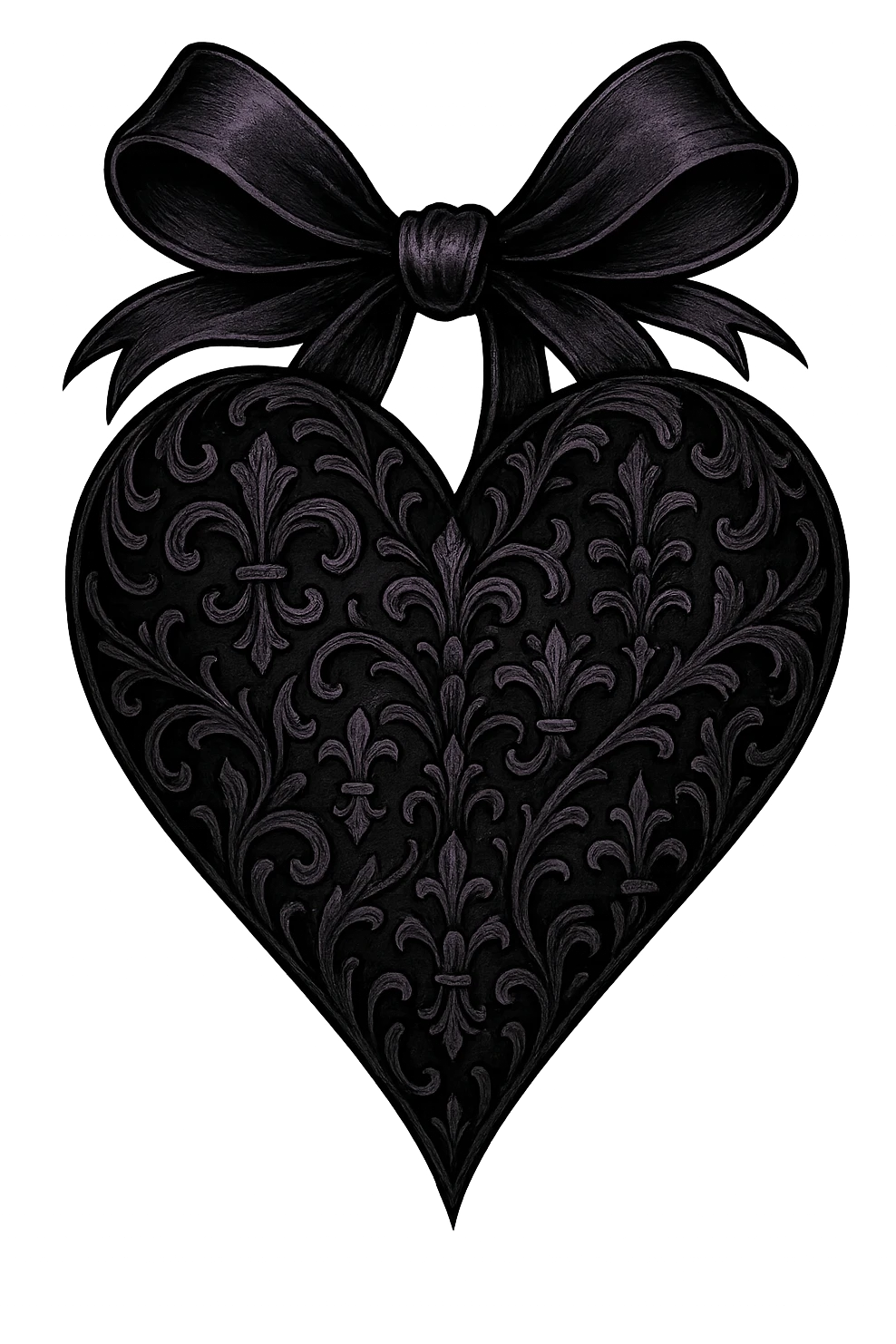 gothic style heart with a ribbon bow, black and purple colors emoji