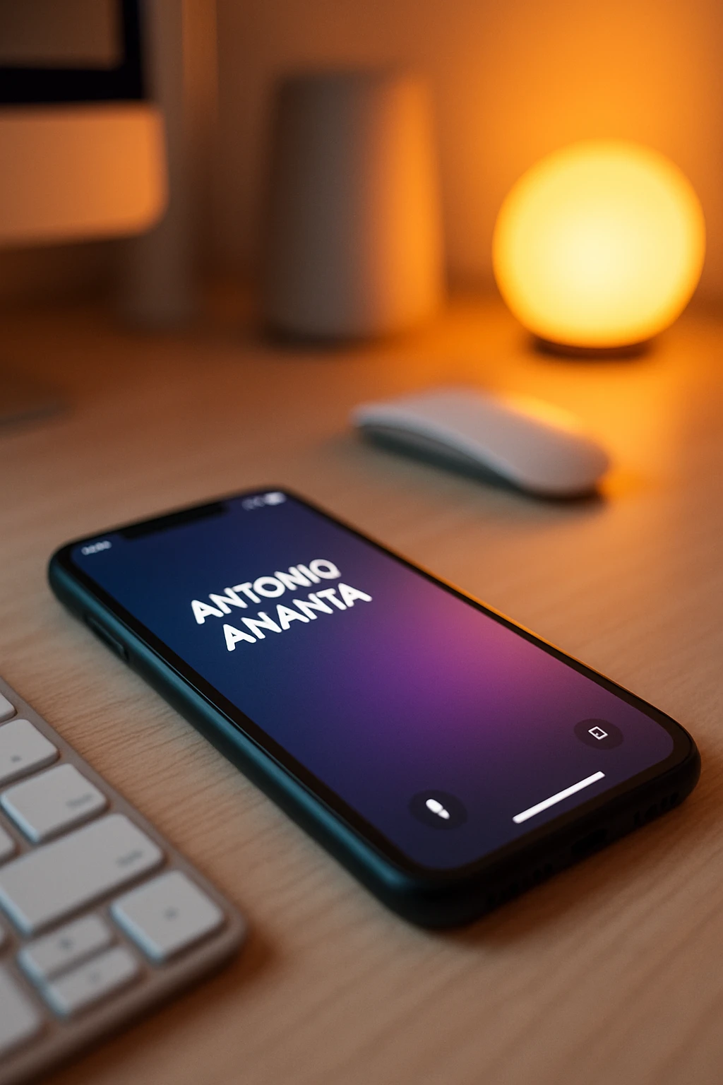 A photo of an iPhone on the desk with the message "Antonio Anania" on its screen, The phone sits atop a desk with a blurred background that suggests work environment. A faint glow from above casts gentle shadows across the surface of each object, creating depth and highlighting their textures emoji