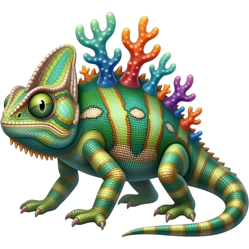 Coralisk A basilisk-like reef guardian with multicolor coral growths along its back, head, and legs, with shiny pearl-like eyes. It can shape hard coral barriers to defend its territory. emoji