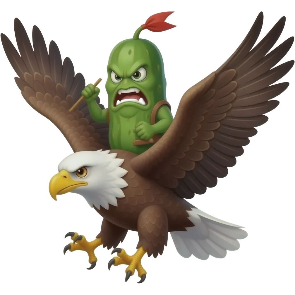pickle riding an eagle into battle angry pickle. iphone emojis emoji