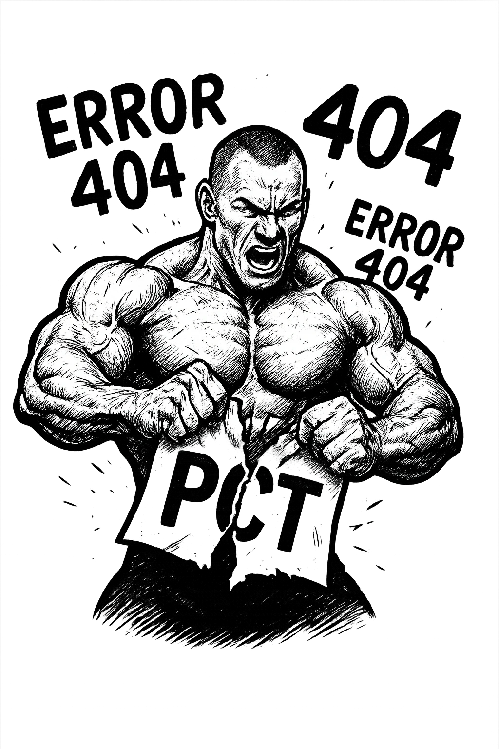 bodybuilder che strappa un foglio con la scritta "PCT" INTORNO A LUI FLUTTUANO LE PAROLE "ERROR 404" emoji