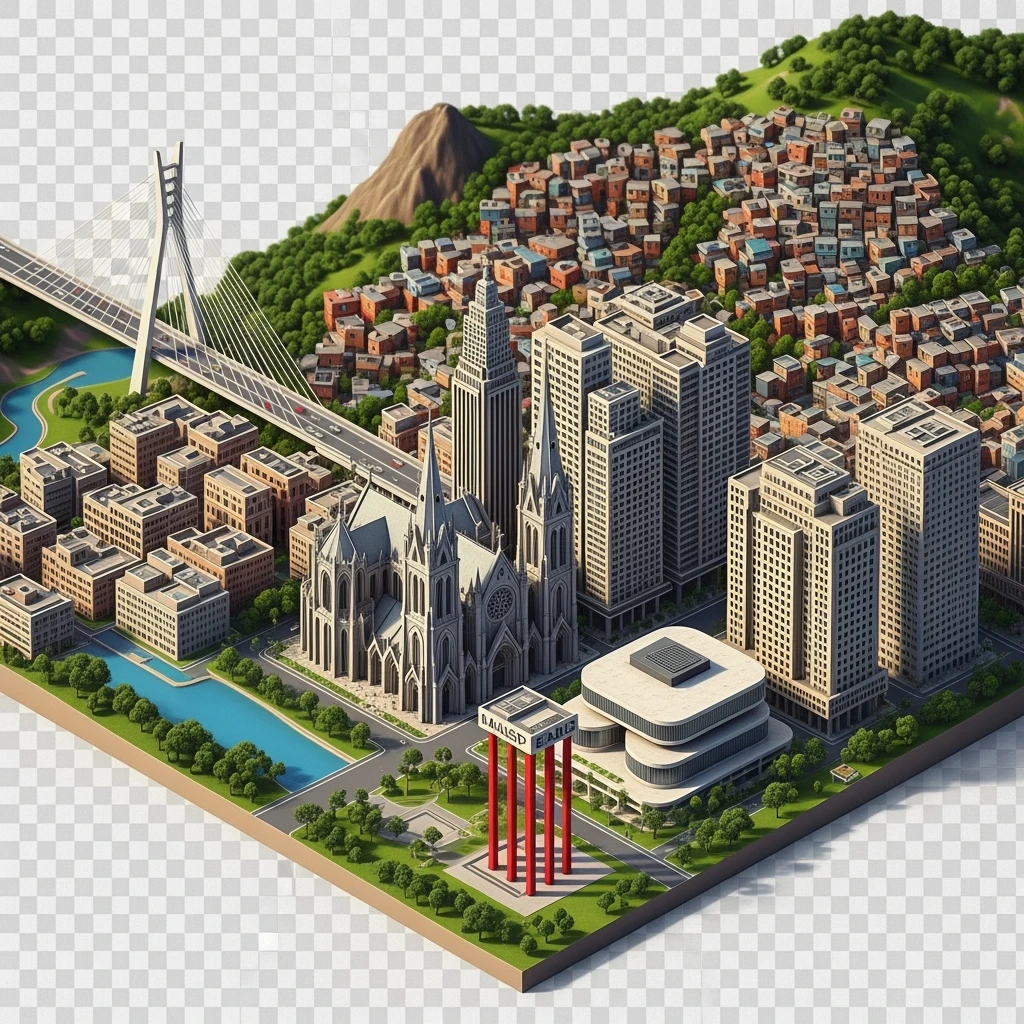 Isometric miniature of São Paulo Catedral da Sé, MASP on red pillars, Octávio Frias Bridge, and Altino Arantes building, favelas on hillsides, dense chaotic urban blocks, and green parks 3D miniature effect and Tilt Shift effect, no cartoonish look, transparent background. emoji