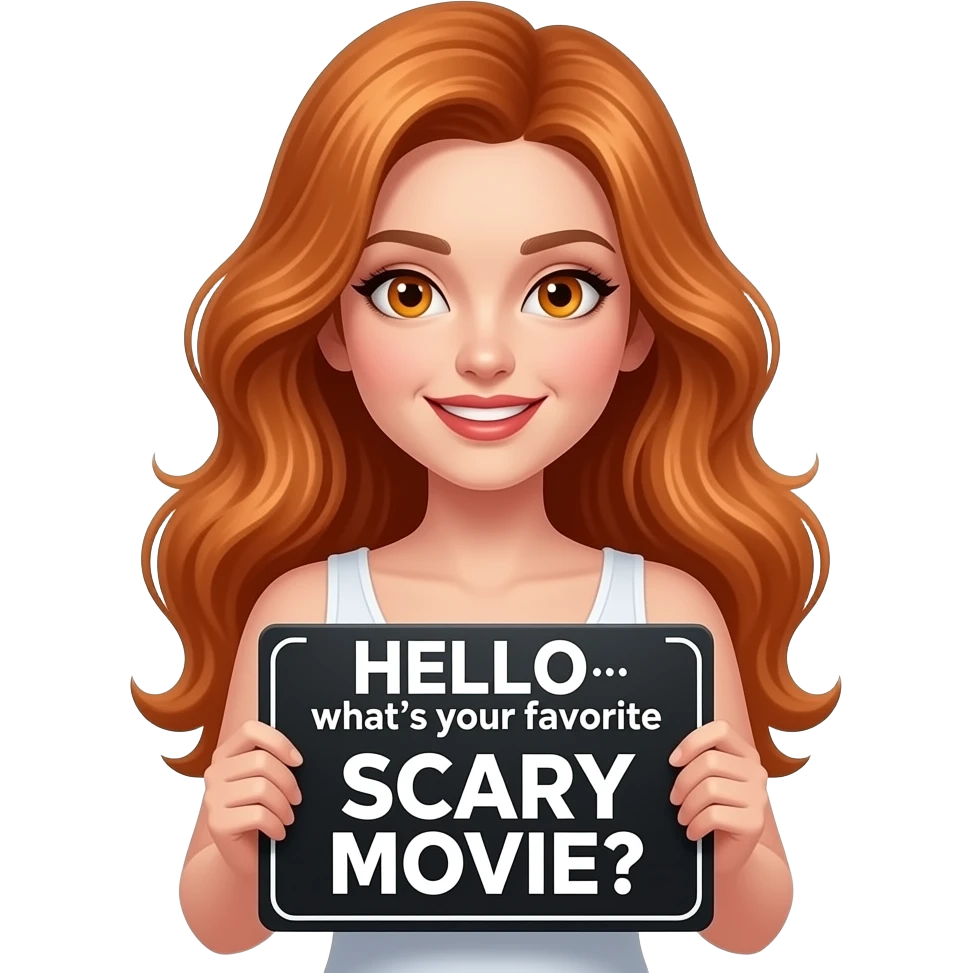 sexy girl with long wavy ginger hair and ginger eyes wearing a white tanktop is holding a black colored sign with HELLO... what's your favorite SCARY MOVIE? written on it emoji