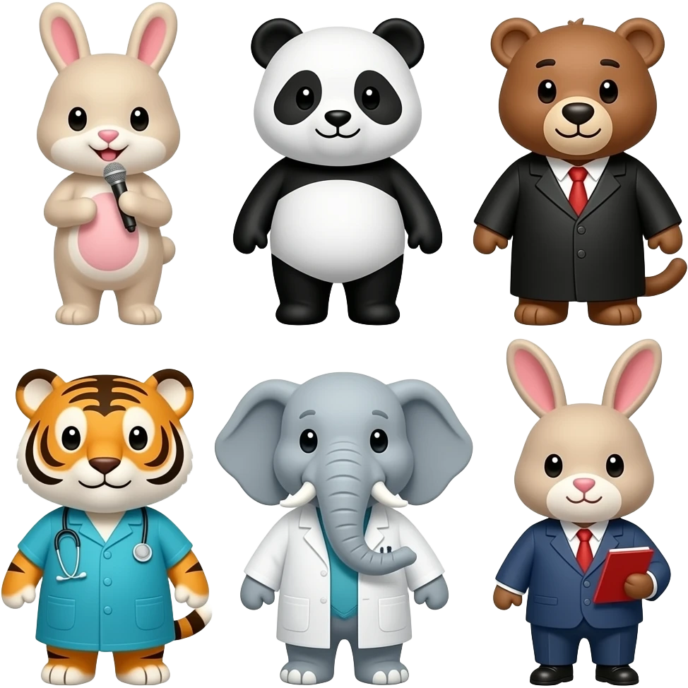 Singer rabbit, writer panda, vet bear, judge tiger, architect elephant, and lawyer rabbit emoji