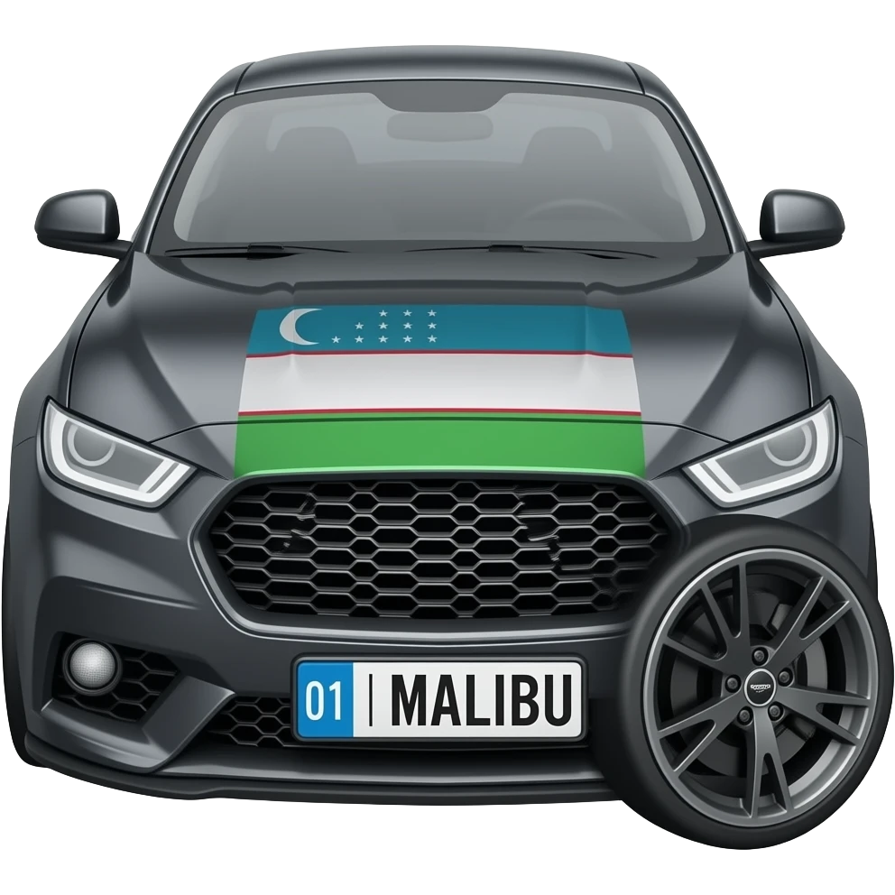 A realistic icon emoji of a metallic black Spark, front wheels steered to the left, dark charcoal tint windows, black alloy 5-spoke rims, Dynamic white glow LED headlights with glowing effect, uzbekistan flag, number texts "01 | MALIBU" in plate emoji
