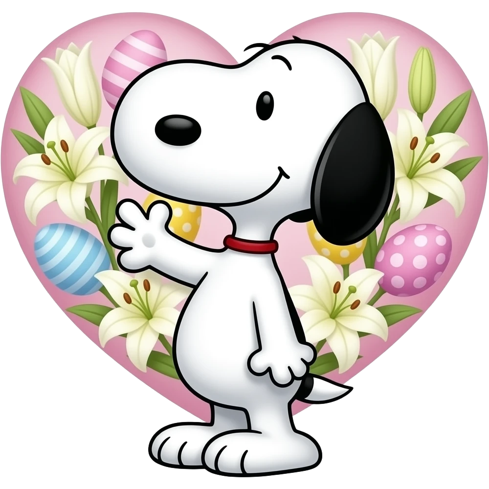 Snoopy dog with arms up holding a big heart with easter design inside emoji