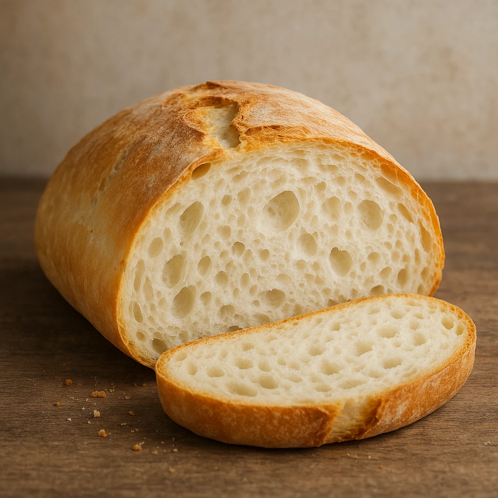 realistic Italian bakery style white bread, soft crust, fluffy interior, sliced open to show texture emoji