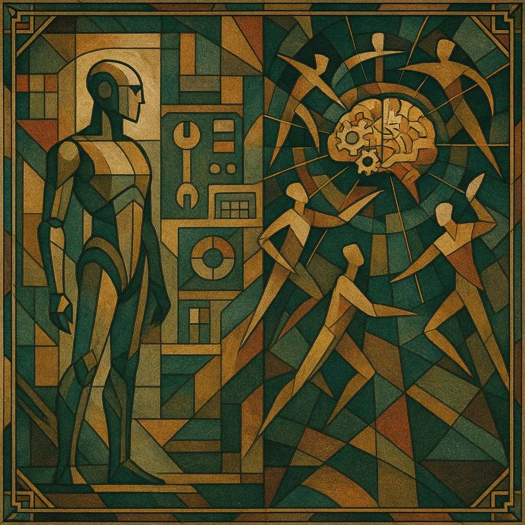 Square-format, richly detailed Art Deco illustration inspired by BioShock’s world. Left side: a solitary, sleek humanoid android representing an 'AI Agent', surrounded by minimalist tools and clean control panels, evoking autonomy and precision. Right side: a dynamic, collaborative Agentic AI system with multiple abstract humanoid figures in motion, orbiting a glowing neural core or brain with gears and radiant lines, symbolizing communication and coordination. Bold geometry, gold-leaf-inspired gradients, intricate Deco framing, moody and atmospheric, visually ornate, no text, vintage poster from a lost utopian future, pure symbolic narrative. emoji