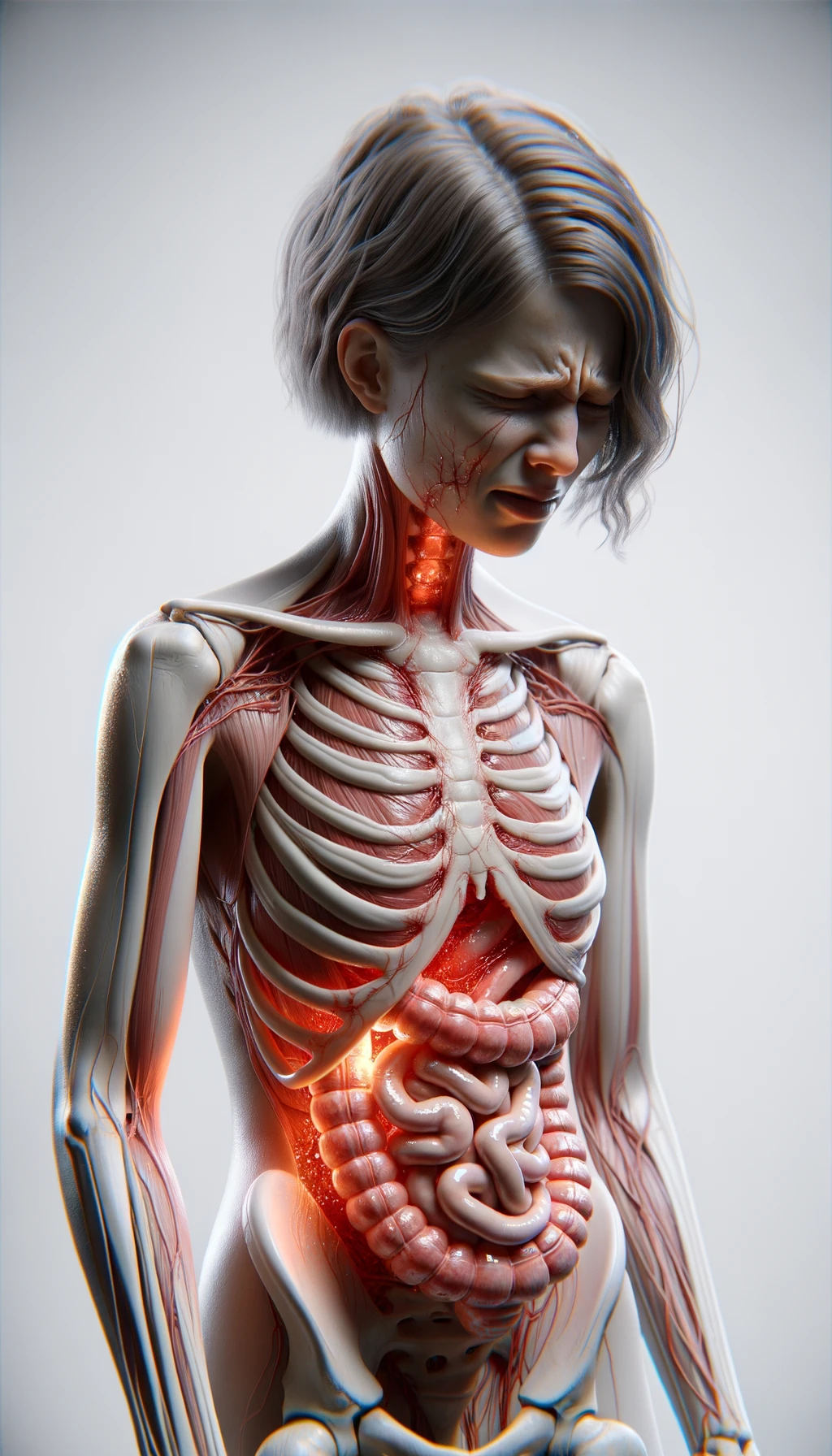 corpo umano anatomico con capelli corti realistico con intestino infiammato, espressione di dolore in volto, iperrealistico 4k, isolato su sfondo bianco emoji