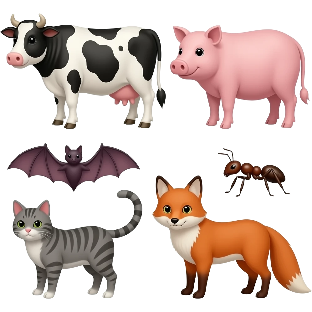 Cow pig, bat, ant, cat, fox emoji