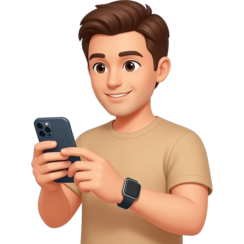 Minimalist flat design icon, clean vector style, soft gradients, modern, no text, transparent background. Minimalist flat design icon of a person using a smartphone and smartwatch, warm tones (beige, light brown, soft orange), representing daily life and routine emoji