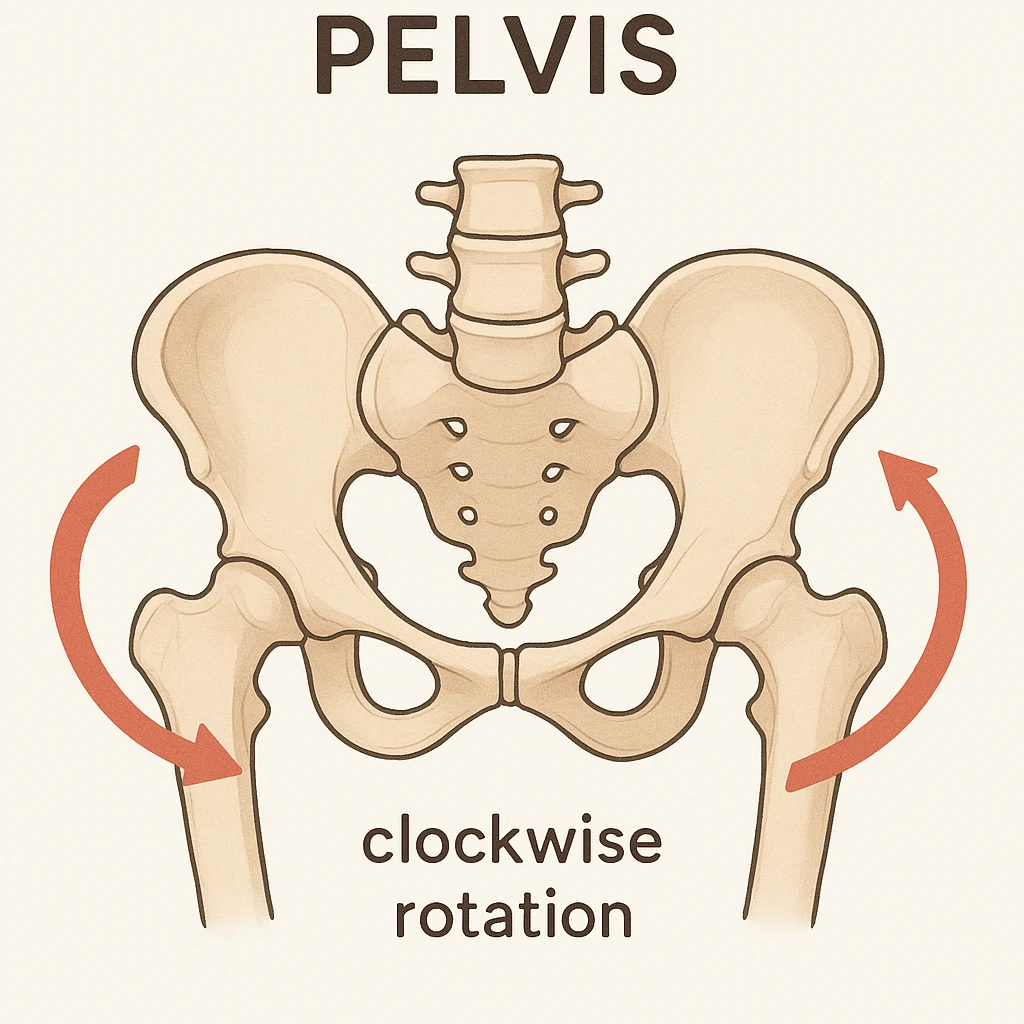 anatomical pelvis, arrows showing clockwise rotation, simple and clear, educational style, medical illustration emoji