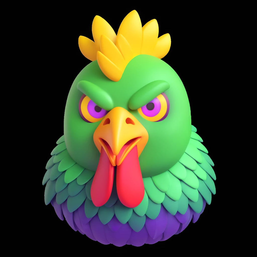 3D cartoon emoji of a chicken-alien hybrid with a geometric green head, uneven chicken comb, three glowing yellow eyes, metallic beak, jagged purple scales instead of feathers, toxic waste green background, clean lines, high contrast emoji